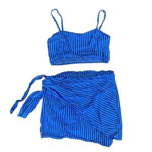 Tube Top Wrap Mini Skirt Belly Shirt Blue Stripe Spaghetti Strap Cropped Medium